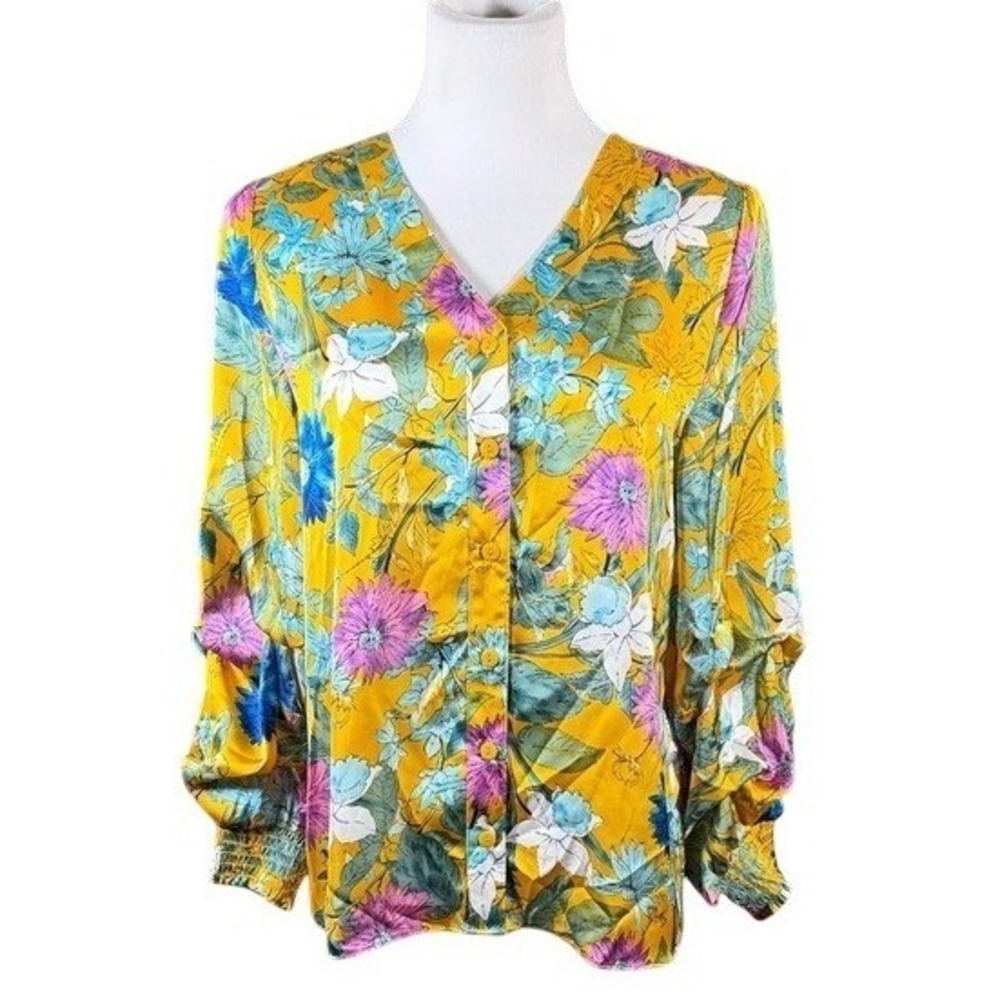 RD + Koko Yellow Floral Button‎ Front V-Neck Blouse Smocked Cuffs Medium